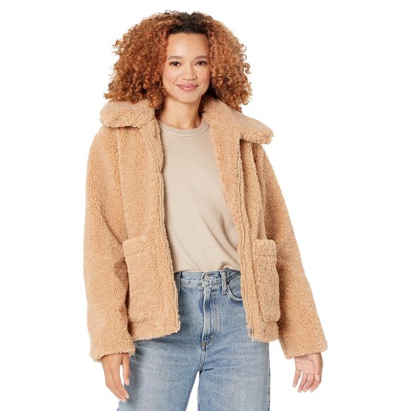 Sam Edelman Short Front Zip Teddy Coat with Patch Pockets Camel SM (US 4-6)